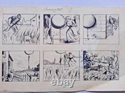 4 original comic strips signed G. QUESNEL. Mat board. Fantastic