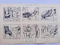 4 original comic strips signed G. QUESNEL. Mat board. Fantastic