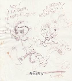 André Franquin Original Drawing By Gaston Lagaffe And Mademoiselle Jeanne