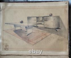 Antique Art Deco, Interior Design Furniture, Original Drawing Board by Pierre Tridon