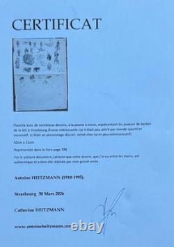 Antoine HEITZMANN ink drawing sheet, basket SIG Strasbourg NEUHOF