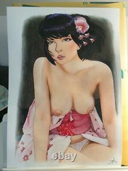 Drawing Original Dedicace Planche Bd Tribute Yoko Geisha Art Pin Up Comics Akt