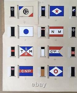 Drawing Original Gouache Floor Flags 28 Pavilions Maritime Companies