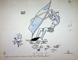 Humour Presse Guy Valls Original Drawing Sailing Board Signed