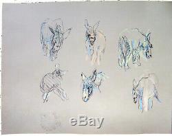 Large Paper Drawing 42 X 59 Cm, A Board 5 Donkeys, In Perfect Condition