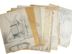 Lot 25 artist drawing boards. Windmill, port, landscape circa 1940. Signed