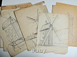 Lot 25 artist drawing boards. Windmill, port, landscape circa 1940. Signed