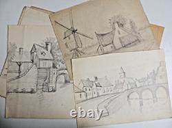 Lot 25 artist drawing boards. Windmill, port, landscape circa 1940. Signed