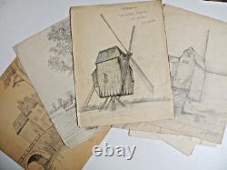 Lot 25 artist drawing boards. Windmill, port, landscape circa 1940. Signed