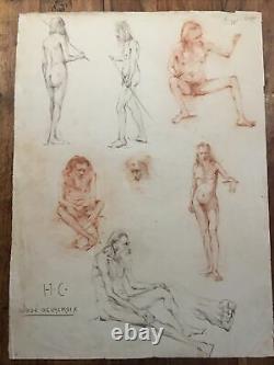 Men Nus Grande Planche Ancienne Dessins Au Fusain, Signed José Delacroix