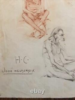 Men Nus Grande Planche Ancienne Dessins Au Fusain, Signed José Delacroix
