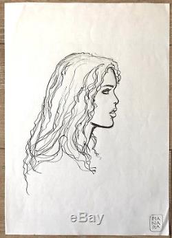 Milo Manara Beautiful Drawing Original Stylo Black Profile Profile 21 29.7 CM