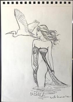 Milo Manara Drawing Original Crayonne Brigitte Bardot Signed DIM 2030 CM