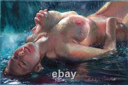 Nude woman with surfboard pastel 20 x 30 cm erotic nude curiosity