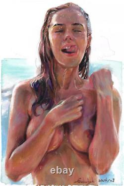 Nude woman with surfboard pastel 20 x 30 cm erotic nude curiosity