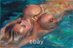 Nude woman with surfboard pastel 20 x 30 cm erotic nude curiosity