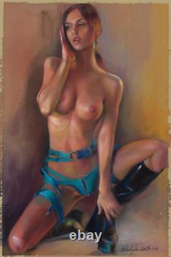 Nude woman with surfboard pastel 20 x 30 cm erotic nude curiosity