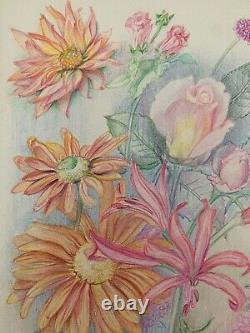 Old Board of Original Drawings Botanical Flower Studies Signed (15)