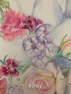 Old Board of Original Drawings, Botanical Flower Studies, Signed (17)