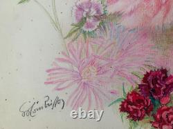 Old Board of Original Drawings Botanical Flower Studies Signed (2)