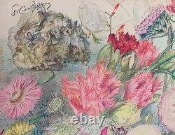 Old Board of Original Drawings Botanical Flower Studies Signed (3)