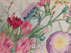 Old Board of Original Drawings Botanical Flower Studies Signed (3)