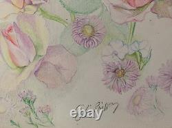 Old Board of Original Drawings Botanical Flower Studies Signed (4)