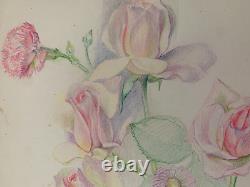 Old Board of Original Drawings Botanical Flower Studies Signed (4)