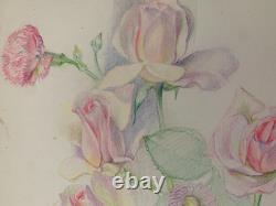Old Board of Original Drawings, Botanical Flower Studies, Signed (4)
