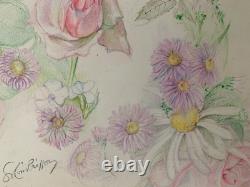 Old Board of Original Drawings, Botanical Flower Studies, Signed (4)