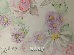 Old Board of Original Drawings Botanical Flower Studies Signed (4)