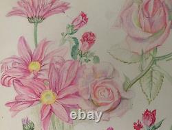 Old Board of Original Drawings Botanical Flower Studies Signed (6)