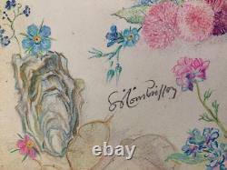 Old Plate of Original Drawings Botanical Flower Studies Signed (10)