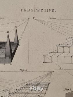 Old print drawing technical plate representing perspective/horizon