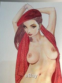 Original Drawing Board Bd Dedication Tribute Woman In Red Pin Up Art Akt Nudo