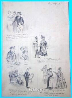 Original board of 5 humorous drawings. Belle époque. Publication.