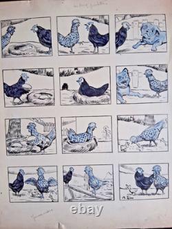 Original comic strip page signed A. ZIM. Chickens. Eggs.