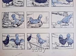 Original comic strip page signed A. ZIM. Chickens. Eggs.