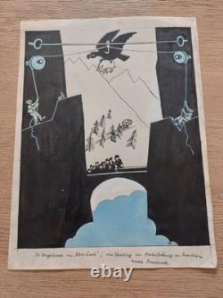 Original satirical Swiss Alpine drawing by P. Ba, press plate from Nebelspalter, 1930s