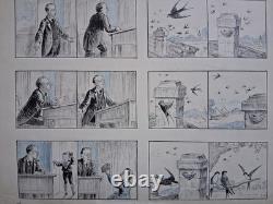 Original unsigned comic strip page. Birds. Village