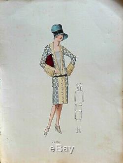 Sketch Drawing Fashion Plate 1927 Color Art Deco Annees Folles Model A25241