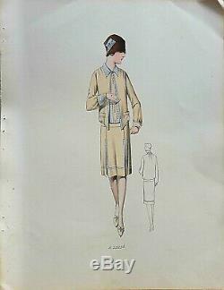 Sketch Drawing Fashion Plate 1927 Color Art Deco Annees Folles Model A25254