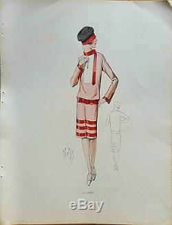 Sketch Drawing Fashion Plate 1927 Color Art Deco Annees Folles Model A25263