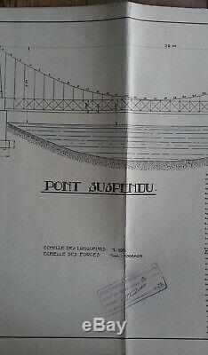 Suspension Bridge Drawing Board In 1927 Signed Nat School. Technical Strasbourg
