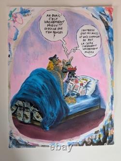 Vuillemin Original Signed Color Drawing + Comic Strip Page on the Reverse, Rare Echo