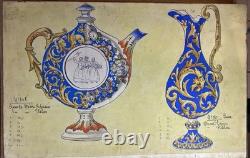 Watercolor Plate Double-Sided DESVRES POTTERY Signed R. Ruhe (circa 1900)