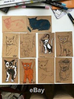 10 dessins originaux de chats sur carte avec planche de 10 timbres monétisés