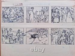 6 planches de BD originales signées YMER. Le chasseur d'autruches