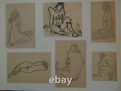 Ancien tableau planche de dessin femme nue fauviste encre & crayon
