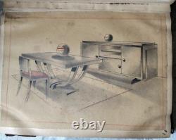 Antique Art Deco, Design Intérieur Meuble, Planche Dessin Original Pierre Tridon